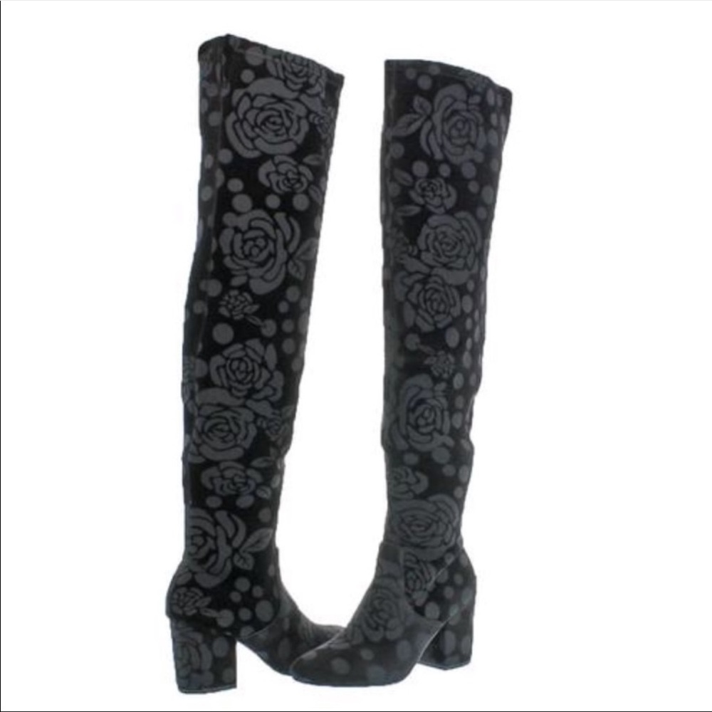 Moonlight Black Floral Velvet Over The Knee Boots - Picture 6 of 7